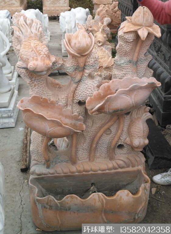 晚霞红石雕荷花,园林摆件,流水荷花雕塑,招财2